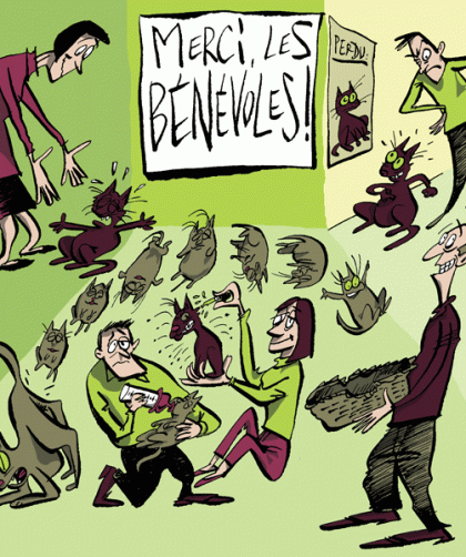dessin de Thiriet illustrant des bénévoles et des chats récalcitrants